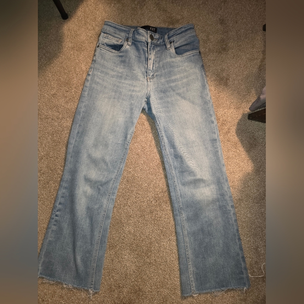 Kut From The Kloth Cropped Womens 4 Blue Mid Rise Straight Leg Raw Hem Denim
